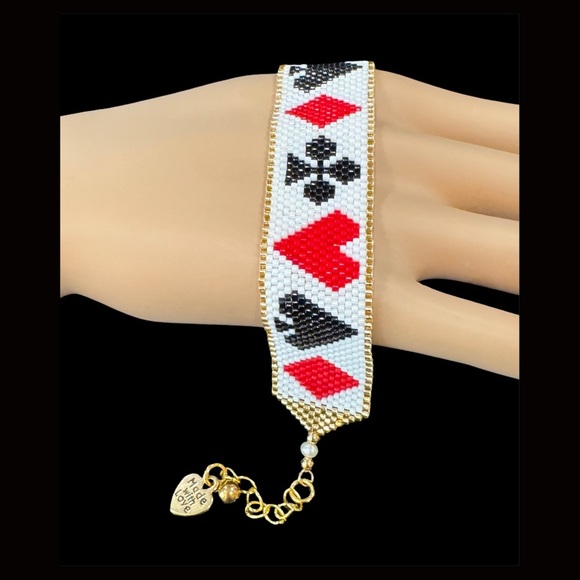 Hand crafted beaded Playing Card Motif Cuff Bracelet - Picture 9 of 10